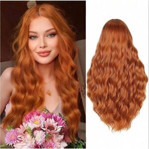 28” Long Ginger Wavy Synthetic Auburn Wig Lace Front NEW